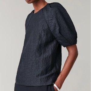 Linen-silk Checked Seersucker Puff-sleeved Top